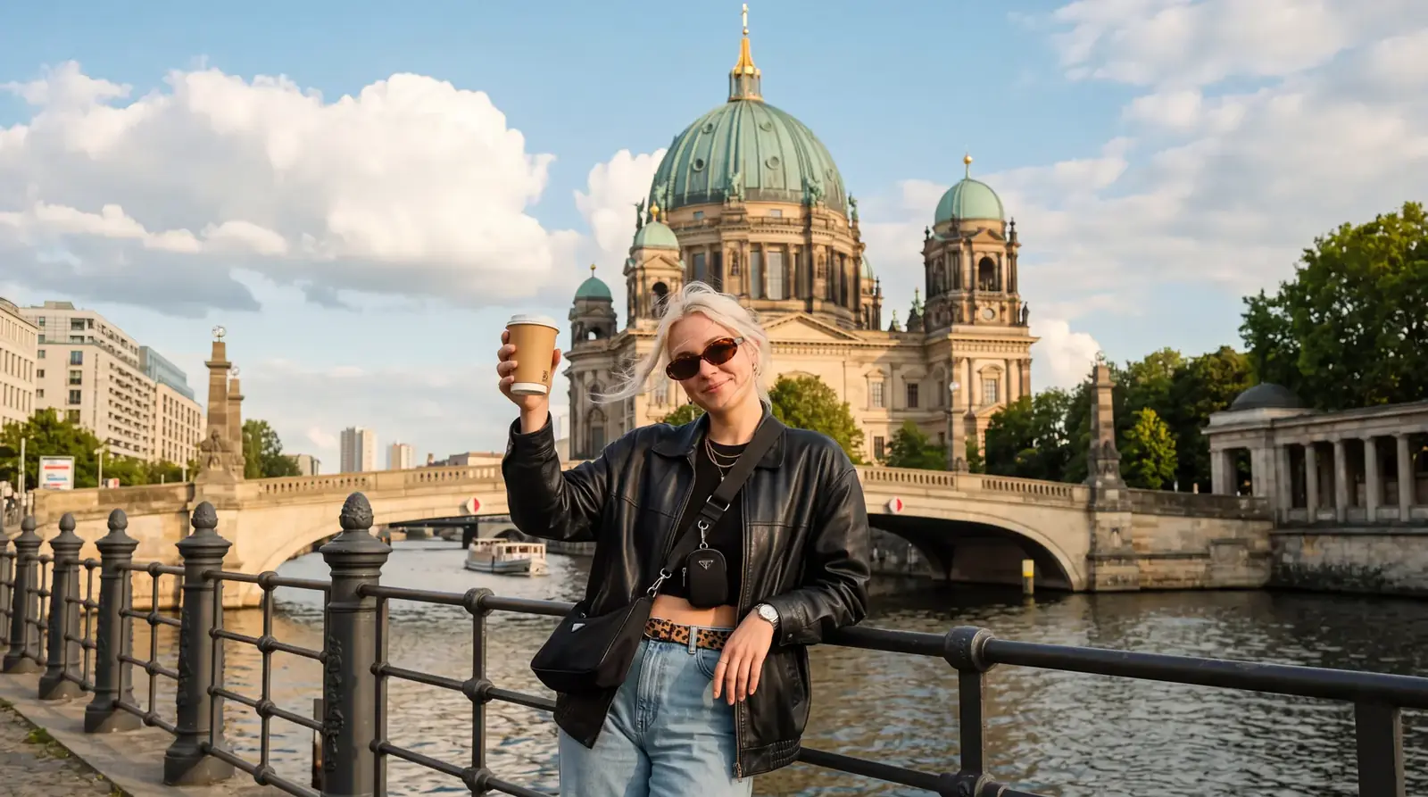 Estudia en Alemania Mujer con un café junto al Spree, con el Berliner Dom al fondo