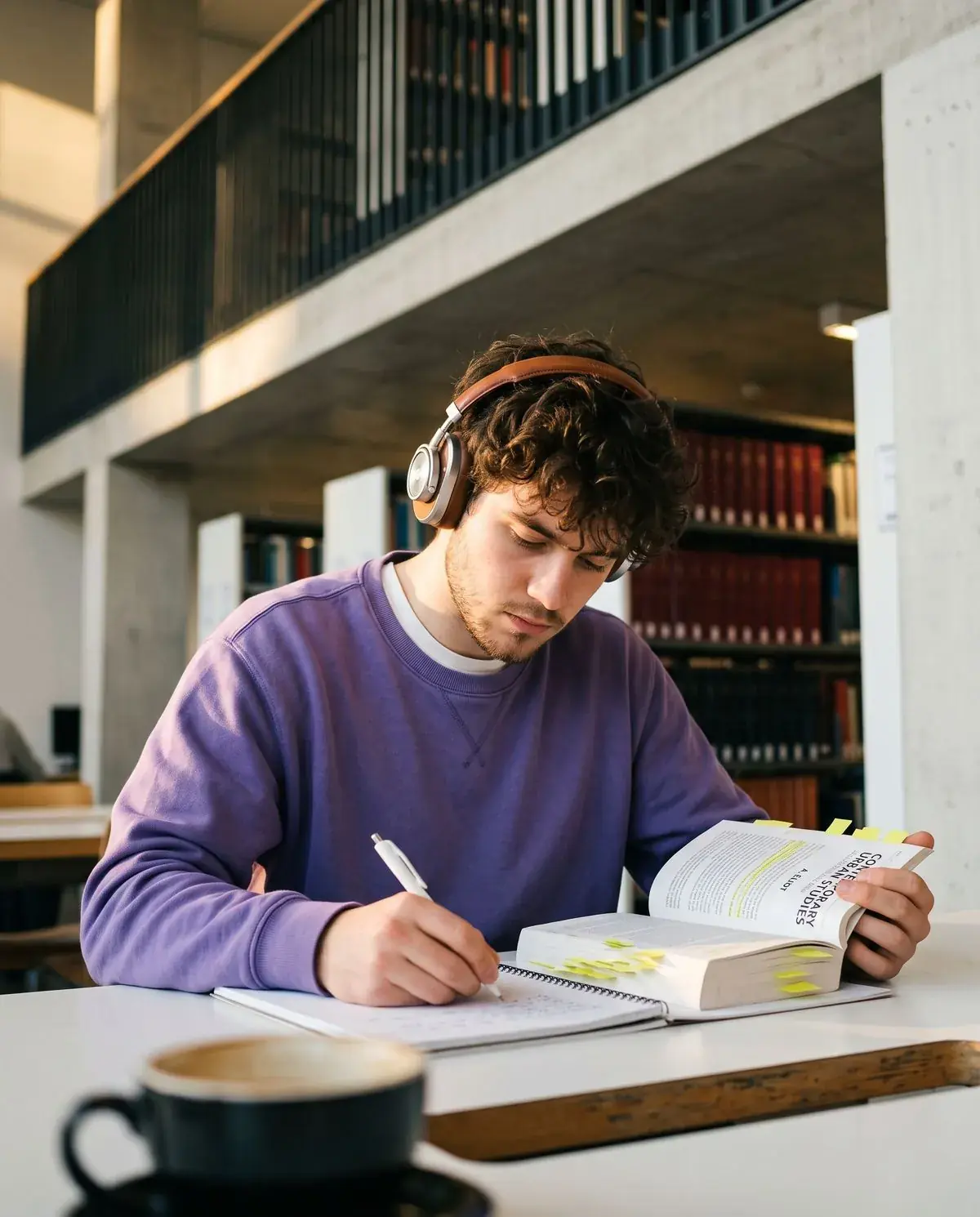 Estudia en Alemania Estudiante universitario subrayando un libro en una biblioteca
